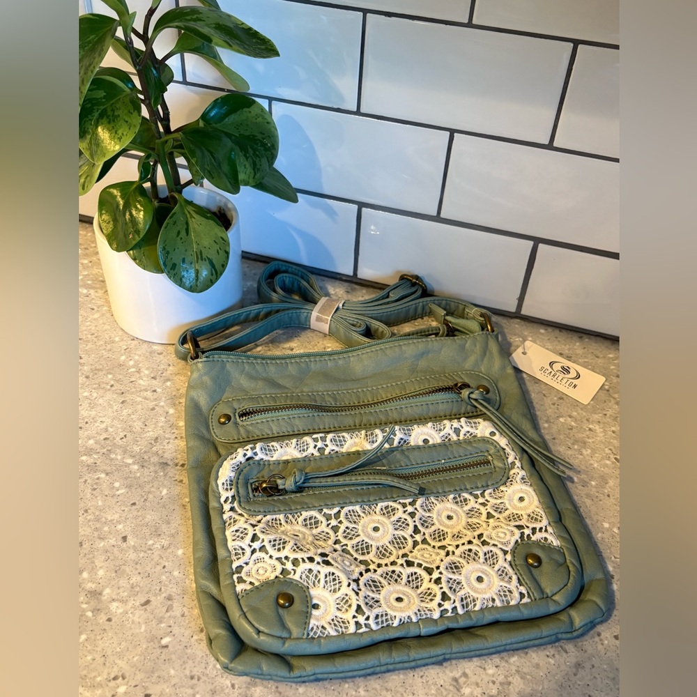 Scarleton Green Crossbody with Cream Lace Front Panel